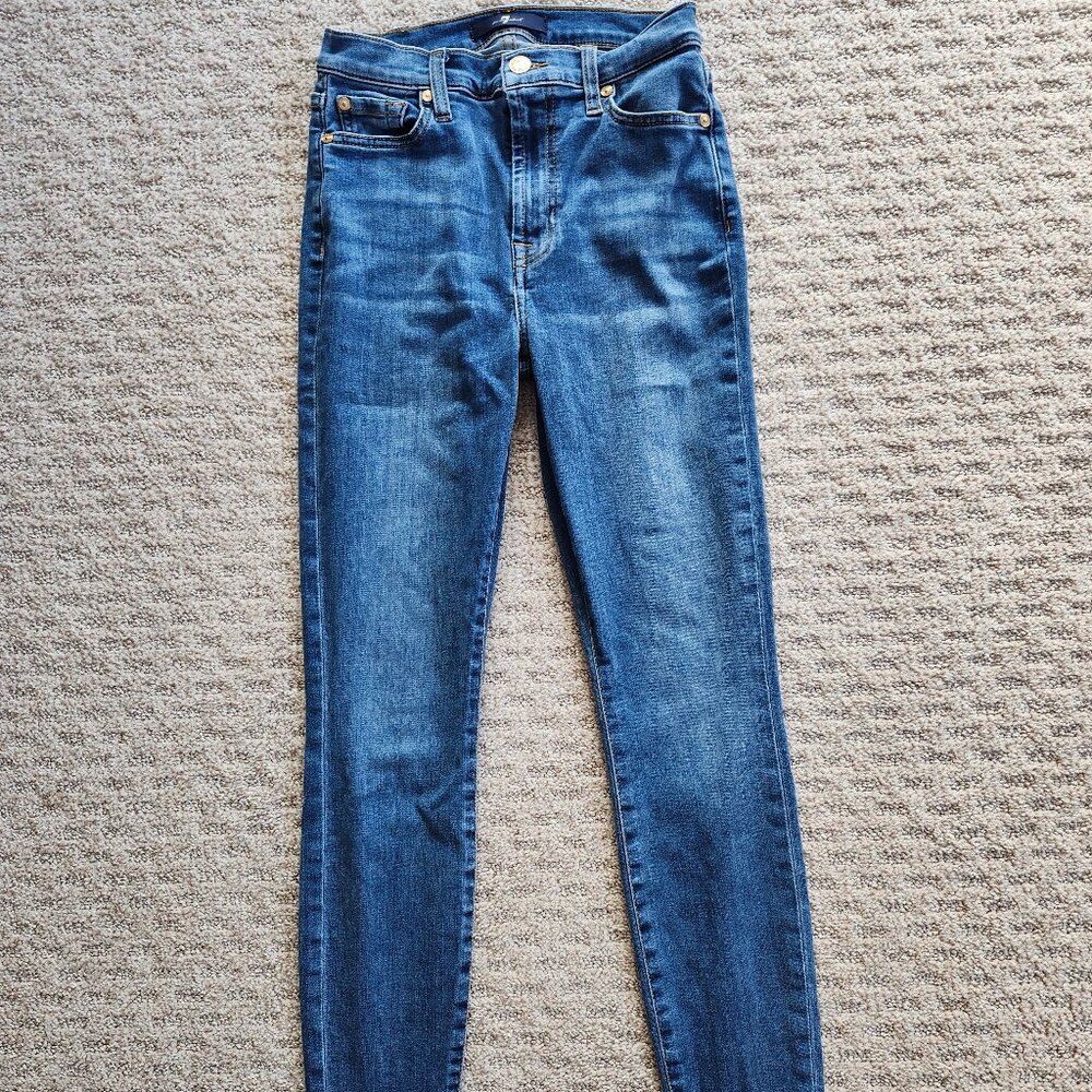 7 For All Mankind Stretch High-Rise Skinny Ankle enim Jeans, Med Wash Sz 25 EUC!